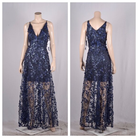Xscape 3D Floral-Appliqué Sequined Gown Navy - Picture 2 of 3
